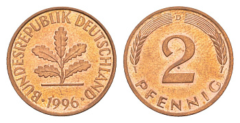 Германия 2 пфеннига 1996 D KM 106a, J.381a сталь плакированная медью UNC 4630-1243
