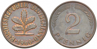 ФРГ 2 ПФЕННИГА 1960 G KM 106, J. 381 бронза 3955-632