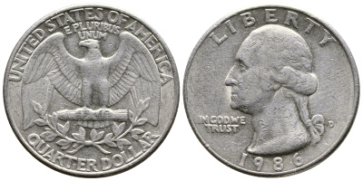 США 25 ЦЕНТОВ = КВОТЕР 1986 D, ВАШИНГТОН KM А164а медь плакированная медно-никелем 23-233