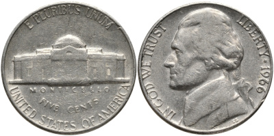 США 5 центов 1966 Джефферсон KM A192 медно-никель 4390-814