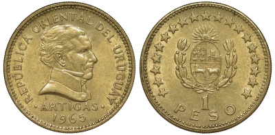 Уругвай 1 песо 1965 KM 46 алюминиевая бронза 190-956