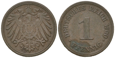 Германия 1 пфенниг 1900 D, Вильгельм II (1888-1918) KM 10, J. 10, Weege 2 медь 4615-216
