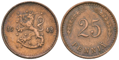 Финляндия 25 пенни 1943 S KM 25a медь 4174-1014
