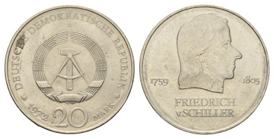 ГДР 20 марок 1972 А, Фридрих Шиллер (1759-1805) KM 40 медно-никель 4680-735