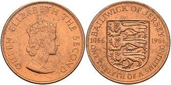 Джерси 1/12 шиллинга 1966 900 лет Нормандскому завоеванию KM 26 бронза UNC 4367-412