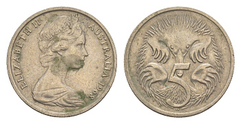 Австралия 5 центов 1968 Елизавета II (1952-2022) молодой портрет, ехидна KM 64 медно-никель 4151-754