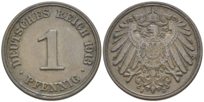 ГЕРМАНИЯ 1 ПФЕННИГ 1913 J KM 10, Jager. 10, Weege 2 медь 4528-714