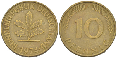 ФРГ 10 ПФЕННИГОВ 1974 F KM 108, J. 383 сталь плакированная латунью 4182-837