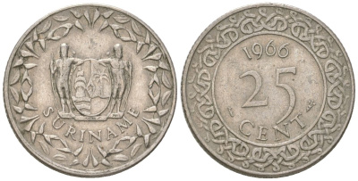Суринам 25 центов 1966 KM 14 медно-никель 4611-827