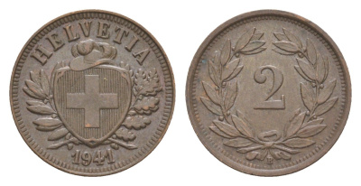 Швейцария 2 раппена 1941 KM 4.2a бронза 4630-622