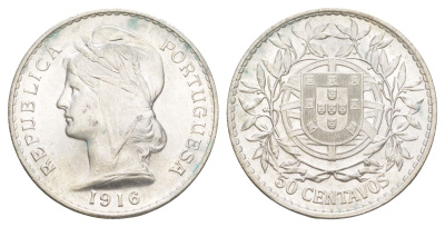 Португалия 50 сентаво 1916 KM 561 серебро UNC 4127-841