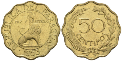 Парагвай 50 сентимо 1953 лев, фригийский колпак на шесте KM 28 алюминиевая бронза  aUNC  4176-921