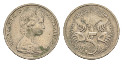 Австралия 5 центов 1968 Елизавета II (1952-2022) молодой портрет, ехидна KM 64 медно-никель 4151-754