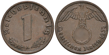 Германия 1 рейхспфенниг 1939 A KM 89, J. 361 бронза 4147-1149