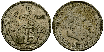 Испания 5 песет 1957 Франсиско Франко (1939-1975) KM 786 медно-никель 4172-236