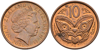 Новая Зеландия 10 центов 2006 Елизавета II (1952-2022), маска маори KM 117а сталь плакированная медью 108-437