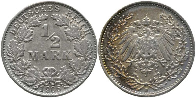 ГЕРМАНИЯ 1/2 МАРКИ 1906 D KM 17, J. 16, Weege 16 серебро 4448-746