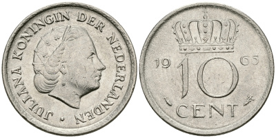 Нидерланды 10 центов 1965 Юлиана (1949-1980) KM 182 никель 96-369