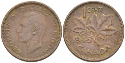 Канада 1 цент 1945 Георг VI (1937-1952), кленовый лист KM 32 бронза 211-529