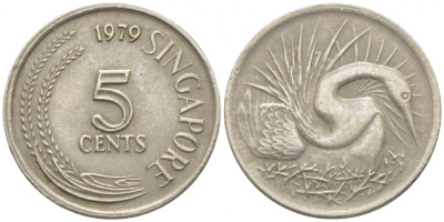 Сингапур 5 центов 1970 большая белая цапля KM 2 медно-никель 105-1246