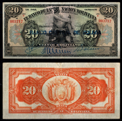 Боливия 20 боливиано 1911 (1929) Pick 115 a (2) бумага 6280-16-3-2