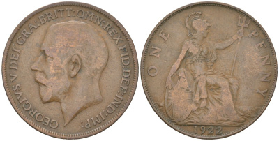Великобритания 1 пенни 1922 Георг V (1910-1936) KM 810, Spink 4051 бронза 3855-341