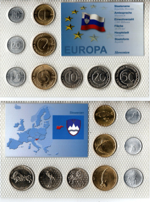 Словения набор из 9 монет (10, 20 и 50 стотинов; 1, 2 , 5, 10, 20 и 50 толаров) 1992, 1993, 1999, 2000, 2001 и 2003 в красочной упаковке с информацией о стране KM 3, 4, 5, 6, 7, 8, 41, 51 и 52 UNC 2-6-3-101