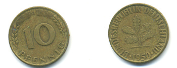 ФРГ 10 ПФЕННИГОВ 1950 G KM 108, J.383 сталь плакированная латунью 83-135