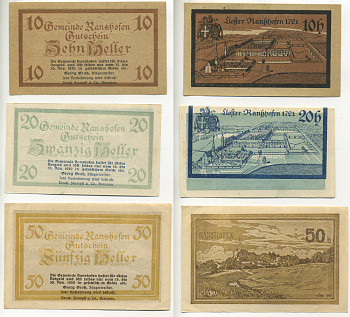 Австрия, Рансхофен набор из 3 банкнот 1920 15-30 ноября 1920, нотгельд, 10, 20, 50 геллеров   бумага   7555-14-2-2