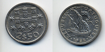 ПОРТУГАЛИЯ 2,5 ЭСКУДО 1985 ПАРУСНИК KM 590 медно-никель 29-535