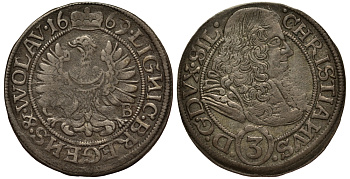 Силезия-Легница-Бжег 3 крейцера 1669 СВ, Кристиан (1639-1673), вес 1,66 гр. Fr.u.S. 1931 серебро 1516-812