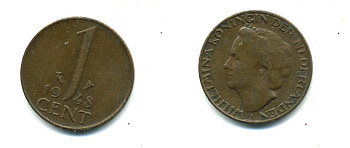 НИДЕРЛАНДЫ 1 ЦЕНТ 1948 ВИЛЬГЕЛЬМИНА KM 180 бронза 76-245