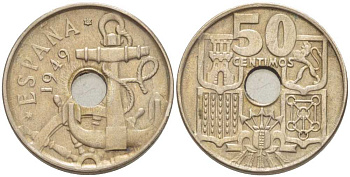 Испания 50 сентимо 1949 (54) Франсиско Франко (1939-1975), морская атрибутика KM 777 медно-никель 212-926