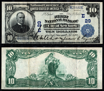США, National Bank Note 10 долларов 1902 Первый Национальный Банк Города Нью-Йорк Fr. 624  бумага   451-1340-3