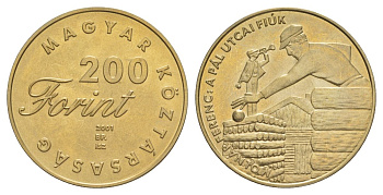 Венгрия 200 форинтов 2001 Детская литература - Мальчик с улицы Пал KM 757 латунь BU 4599-1232