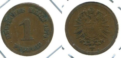 ГЕРМАНИЯ 1 ПФЕННИГ 1876 A, СТАРОГЕРБОВКА KM 1, J. 1 медь 701-113