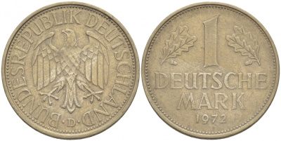 ФРГ 1 МАРКА 1972 D KM 110, J. 385 медно-никель 3996-727