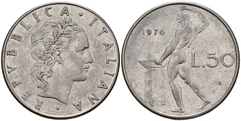 Италия 50 лир 1976 R, бог Вулкан у наковальни KM 95.1 нержавеющая сталь 4156-734
