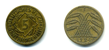 ГЕРМАНИЯ 5 РЕНТПФЕННИГОВ 1924 F J. 308, KM 32 алюминиевая бронза 46-2047