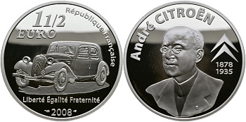 Франция 1 1/2 евро 2008 АНРИ СИТРОЕН, ОСНОВАТЕЛЬ АВТОКОНЦЕРНА, АВТОМОБИЛЬ KM 1555 серебро PROOF 00-00