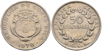Коста-Рика 50 сентимо 1970 KM 189.3, Schoen 44 медно-никель 4116-1036