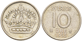 Швеция 10 эре 1955 TS, Густав VI Адольф (1950-1973) KM 823 серебро 4528-633