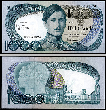 Португалия 1000 эскудо 1982 Педру V, открытие первой железной дороги в Португалии Pick 175 e (1)  бумага  UNC (пресс) 451-1190-3