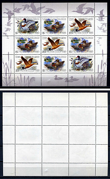 СССР лист из 9 марок (5, 15 и 20) копеек 1989 утки - пеганка, чирок-свистунок, огарь Загорский MS6017-6019 марка с оригинальным клеем, без следов наклейки (чистая) 8705-66-2-1