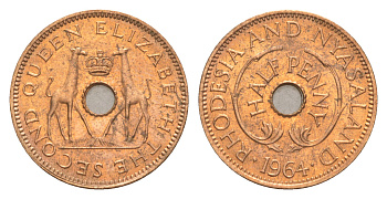 Родезия и Ньясаленд 1/2 пенса 1964 Елизавета II (1952-2022), жирафы KM  1 бронза  UNC  4640-912