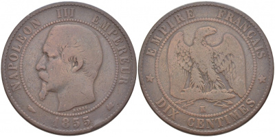 ФРАНЦИЯ 10 САНТИМОВ 1855 K, НАПОЛЕОН III (1852-1870) KM 771.5, LE FRANC 133.26 бронза 114-1232