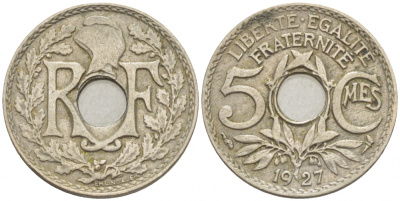 ФРАНЦИЯ 5 САНТИМОВ 1927 KM 875 медно-никель 3309-1037