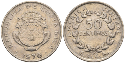Коста-Рика 50 сентимо 1970 KM 189.3, Schoen 44 медно-никель 4116-1036