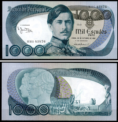 Португалия 1000 эскудо 1982 Педру V, открытие первой железной дороги в Португалии Pick 175 e (1)  бумага  UNC (пресс) 451-1190-3