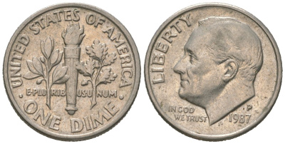 США 1 дайм = 10 центов 1987 P KM 195a медь плакированная медно-никелем 4580-813